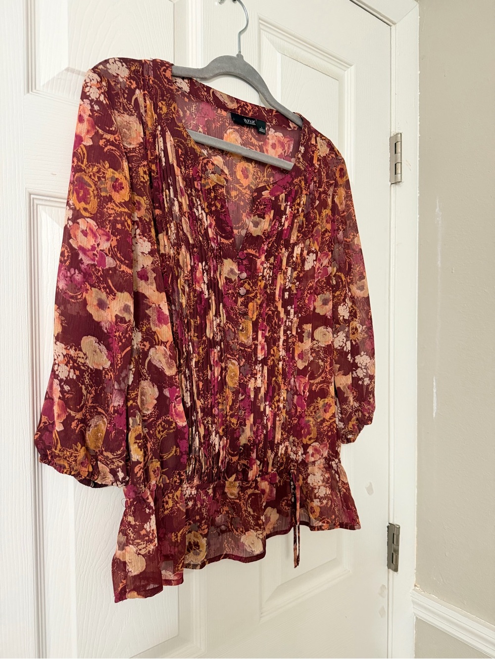 a.n.a Burgundy Floral Pintuck Blouse with Pink and Gold - Picture 2 of 8